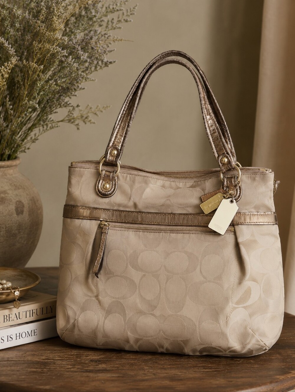 Coach Golden Crackle Signature Glam Tote Moss Green Interior RARE EDITION
